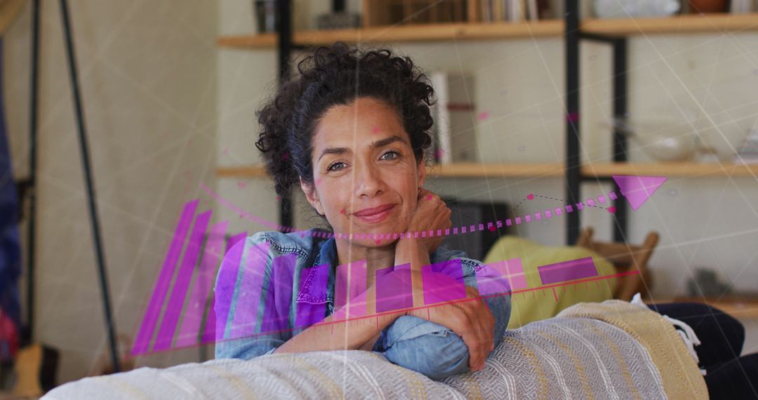 Smiling Woman at Home with Data Graphics Overlay