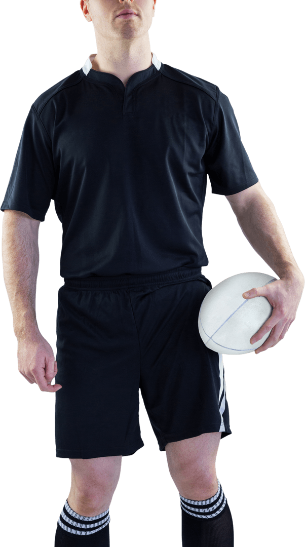 Rugby player in transparent kit holding rugby ball confidently