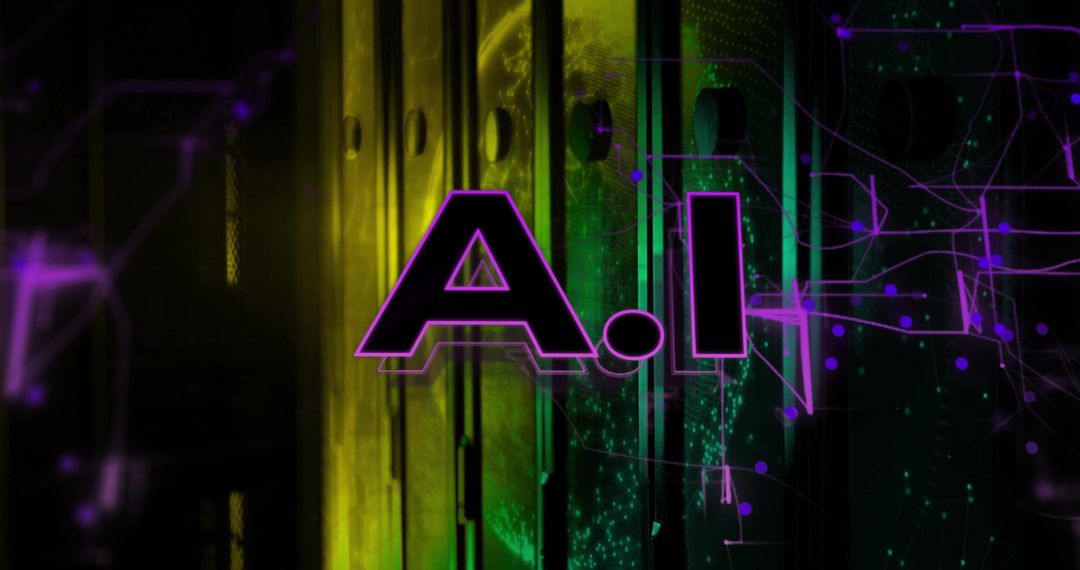 AI Text Overlaying Futuristic Server Room Background