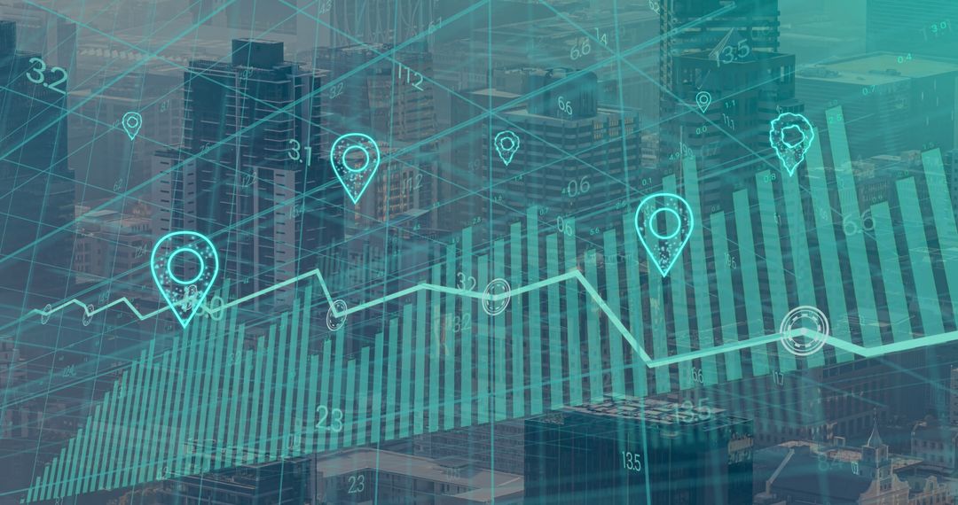 Digital Analytics Overlaying City Skyline With Data Points