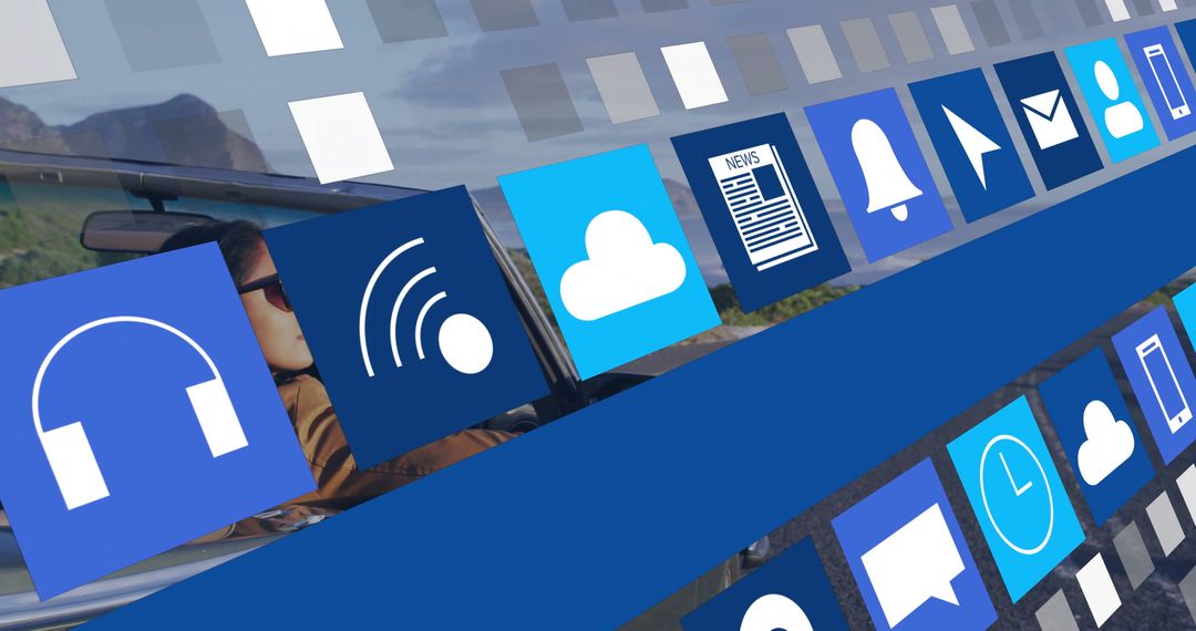 Digital Icons Converging Above Scenic Mountain Road