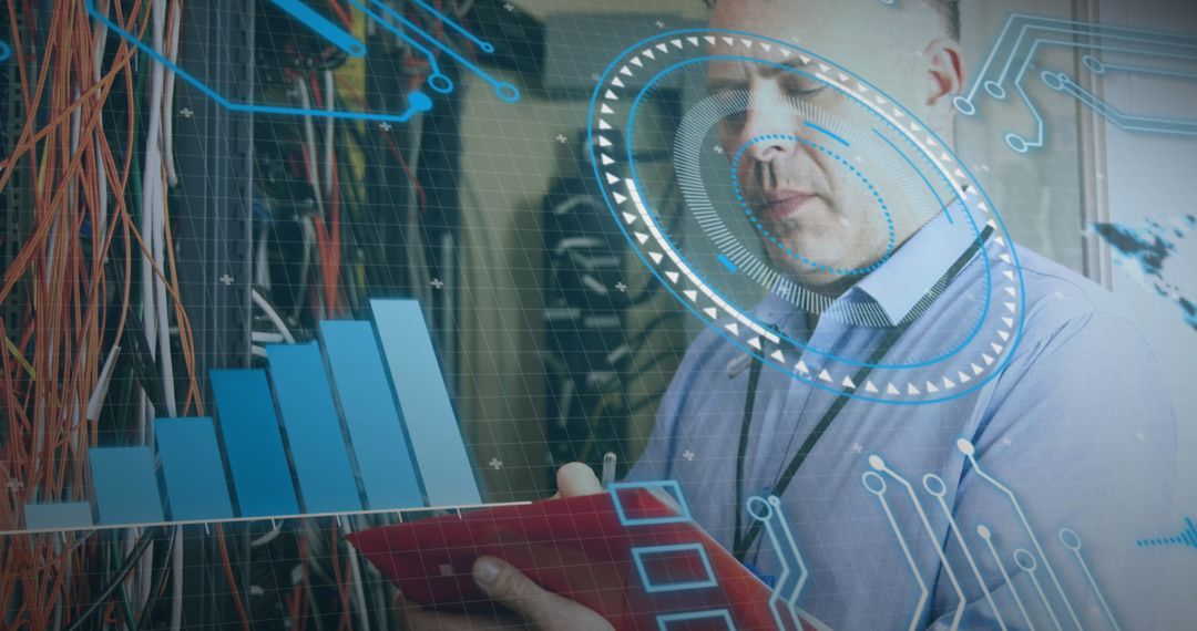 Technician Analyzing Data in Server Room with Digital Interface Overlay