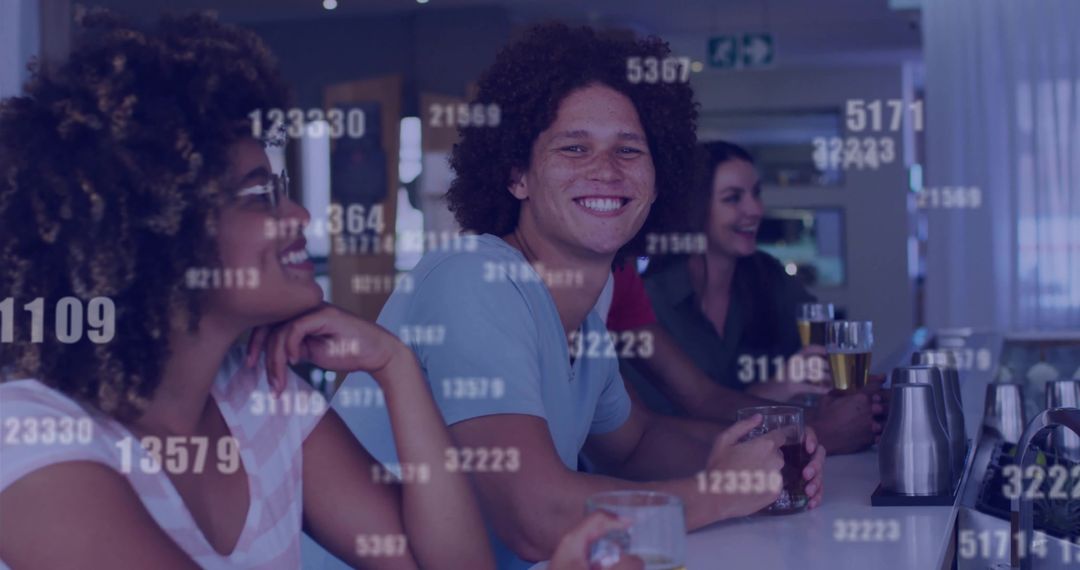 Smiling Friends Enjoying Conversation in Modern Pub Ambiance