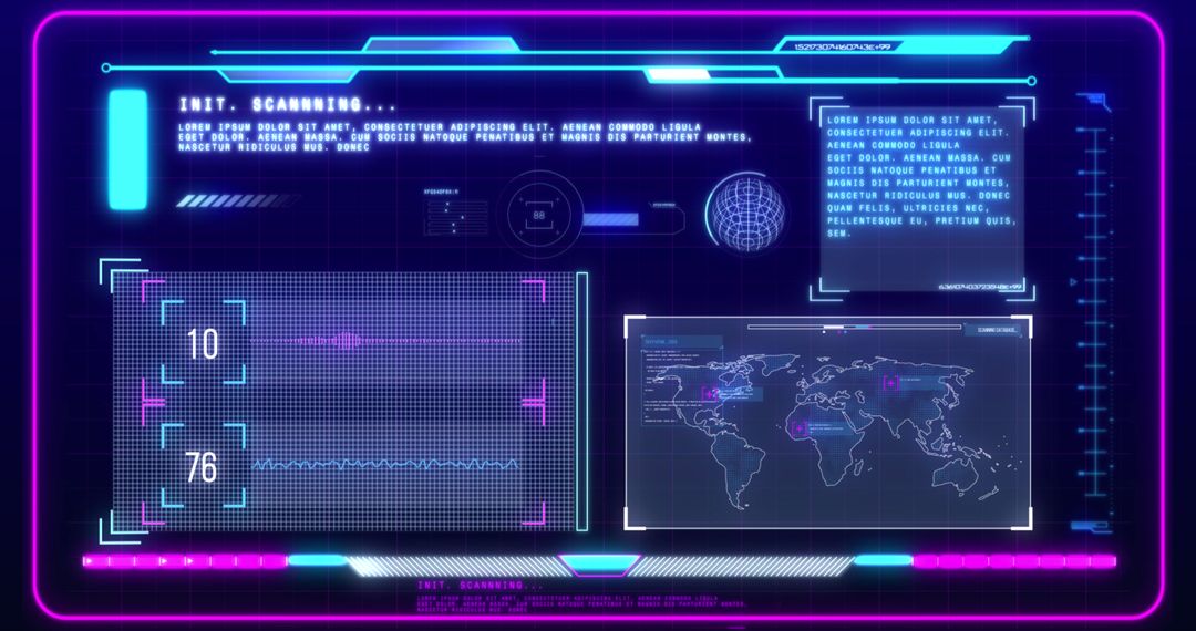 Futuristic Digital Interface with Data Processing and Global Map