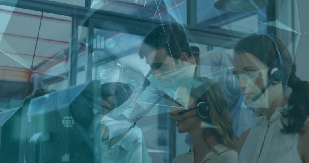 Customer Service Team with Headsets and Digital Interface Icons