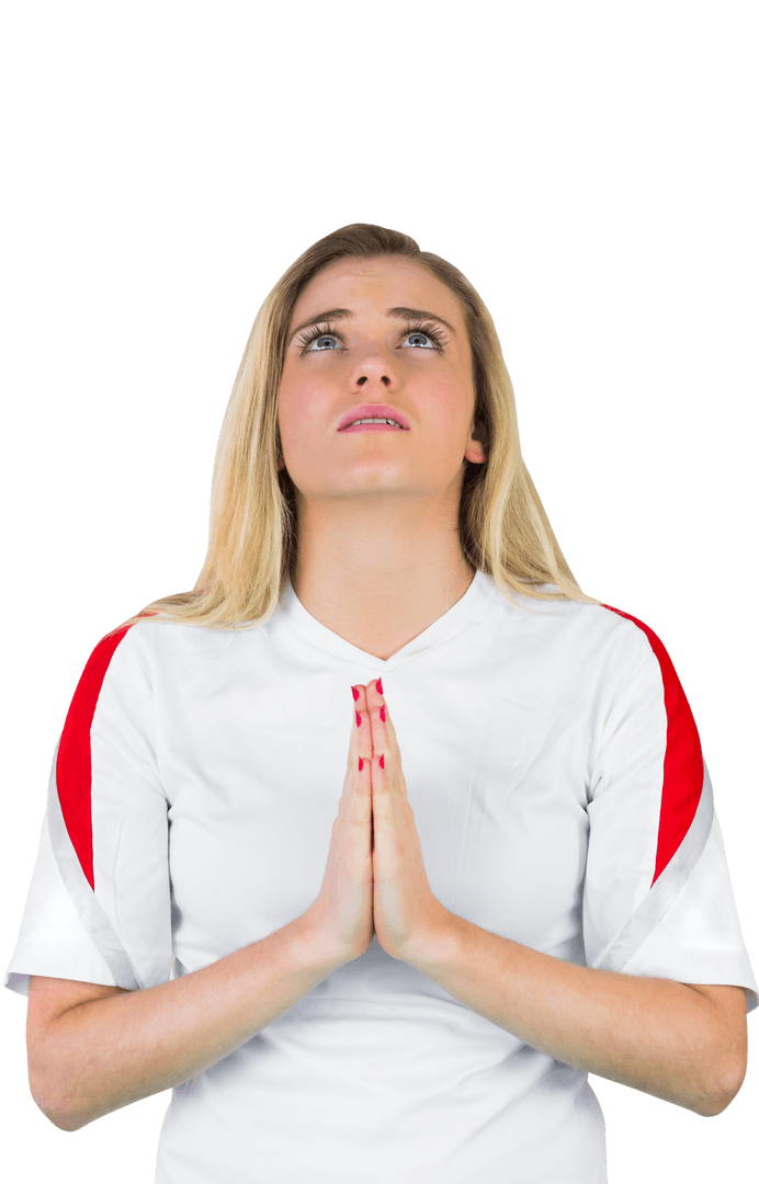Woman in White Praying Hands Up No Background