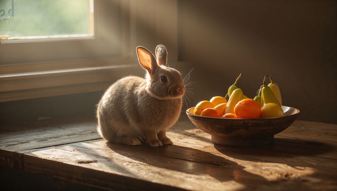 Basking Bunny on Rustic Wooden Table with Bowl of Pears and Oranges