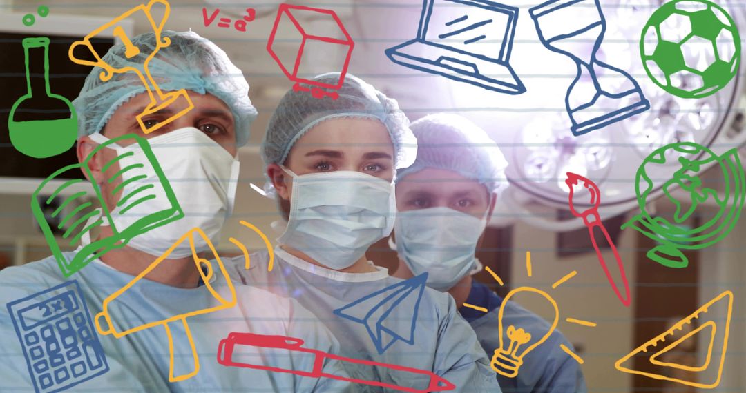 Standing surgical team wearing masks and scrubs with education and innovation doodles