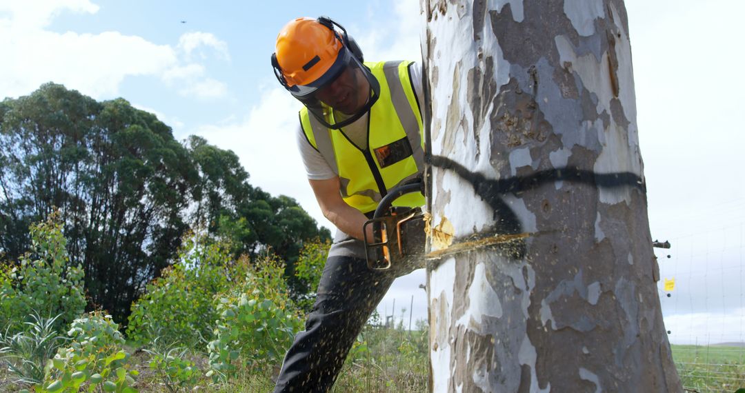 Professional Lumberjack Cutting Down Tree with Chainsaw in Forest - Free Images, Stock Photos and Pictures on Pikwizard.com