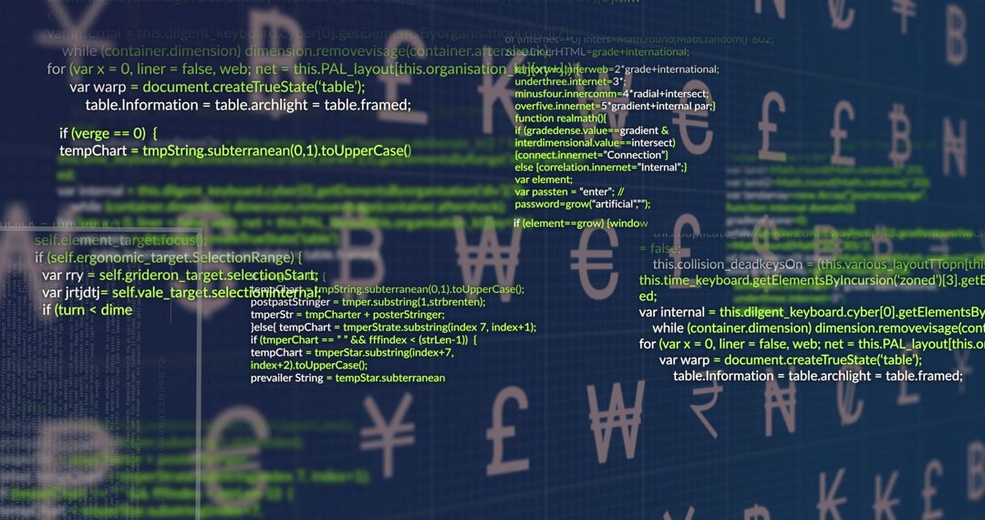 Programming Code Overlaying Currency Symbols, Digital Innovation Concept