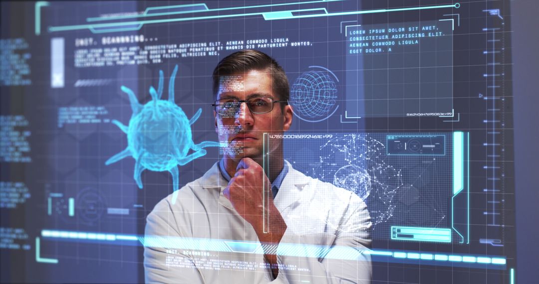 Scientist Exploring Digital Data on COVID-19 Impact and Genetic Mapping