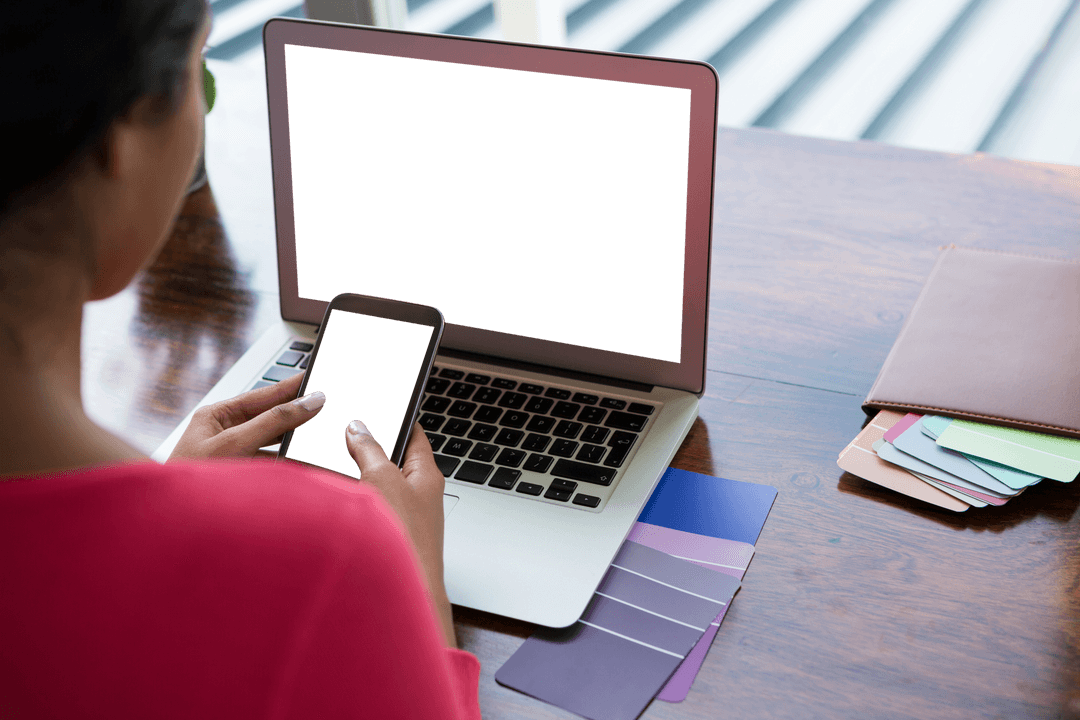 Woman Working from Home Holding Phone with Transparent Screens