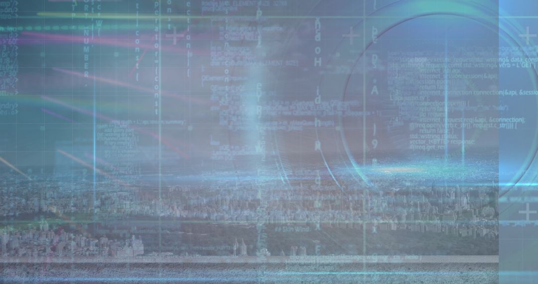 Futuristic Digital Cityscape with Transparent Code Overlay