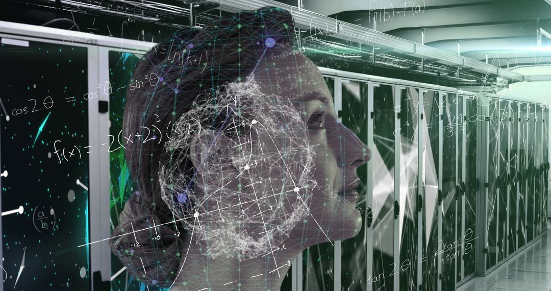 Futuristic Woman Profile in High-Tech Server Room with Digital Networks