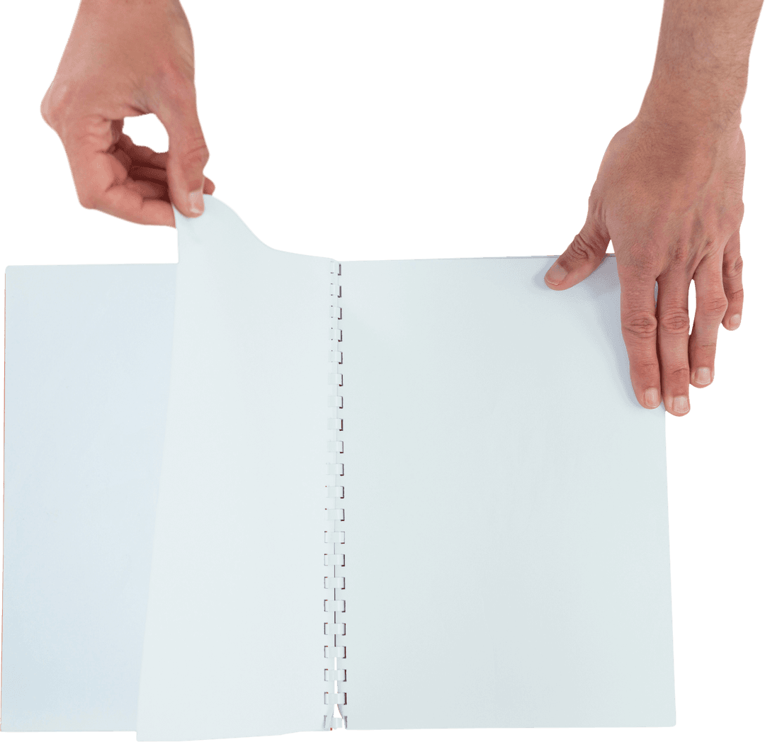 Transparent Hands Turning Page in Blank Spiral Notebook