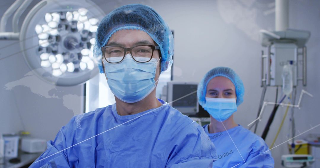 Surgical team preparing and performing operation in modern sterile operating room