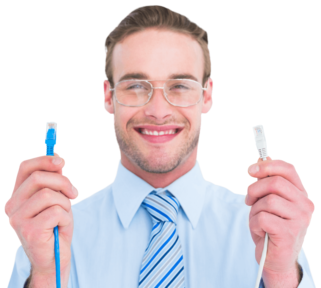 Transparent Tech Enthusiast Holding Network Cables Smiling