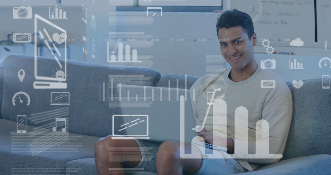 Smiling Young Man Analyzing Virtual Data on Laptop