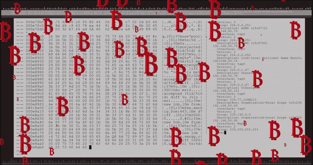 Bitcoin Symbols Overlaying Hexadecimal Code Cryptocurrencies Technology Concept