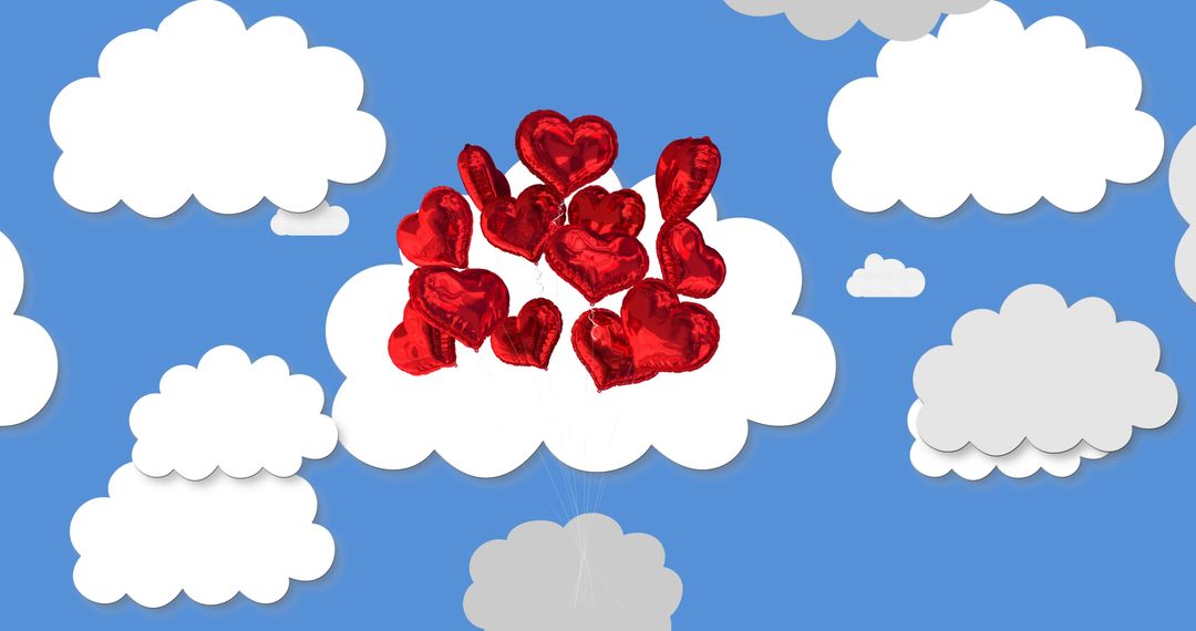 Red Heart Balloons Floating in Blue Sky with White Clouds