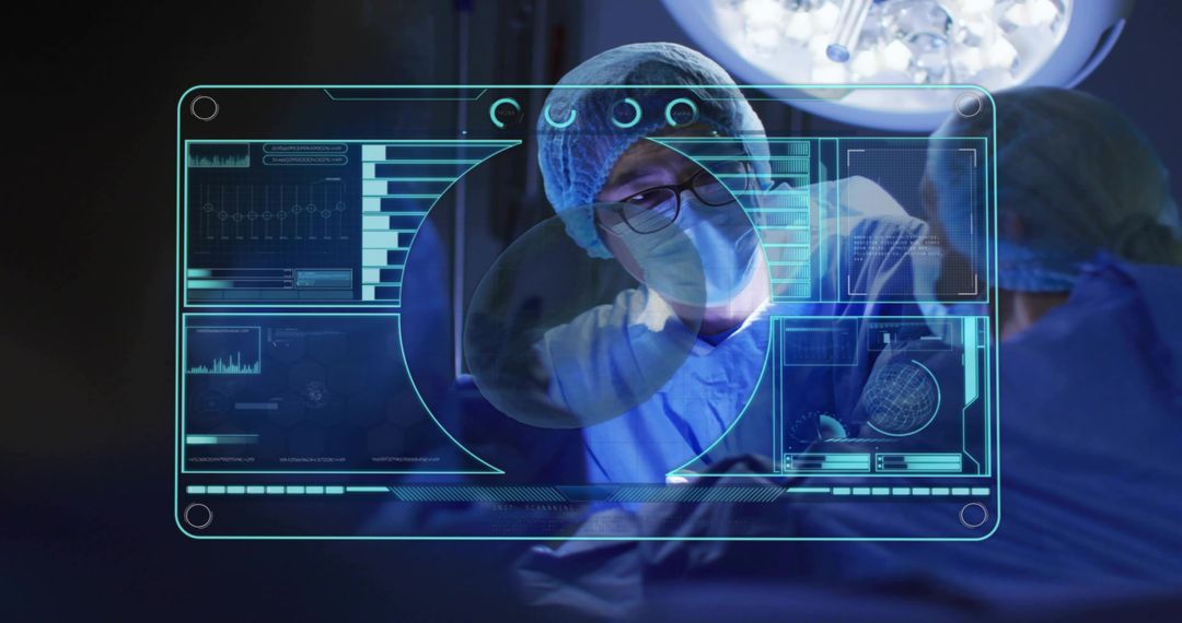 Surgeon Operating With Holographic Surgical Interface Over Operating Table Under Surgical Light