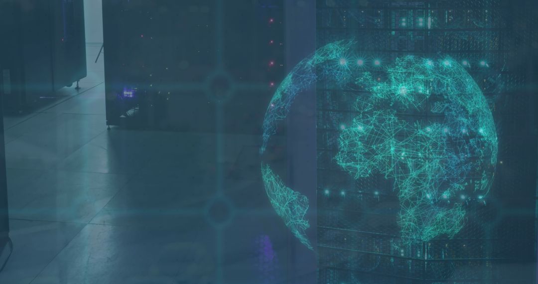 Globe Projection on Data Server Racks Represents Global Connectivity