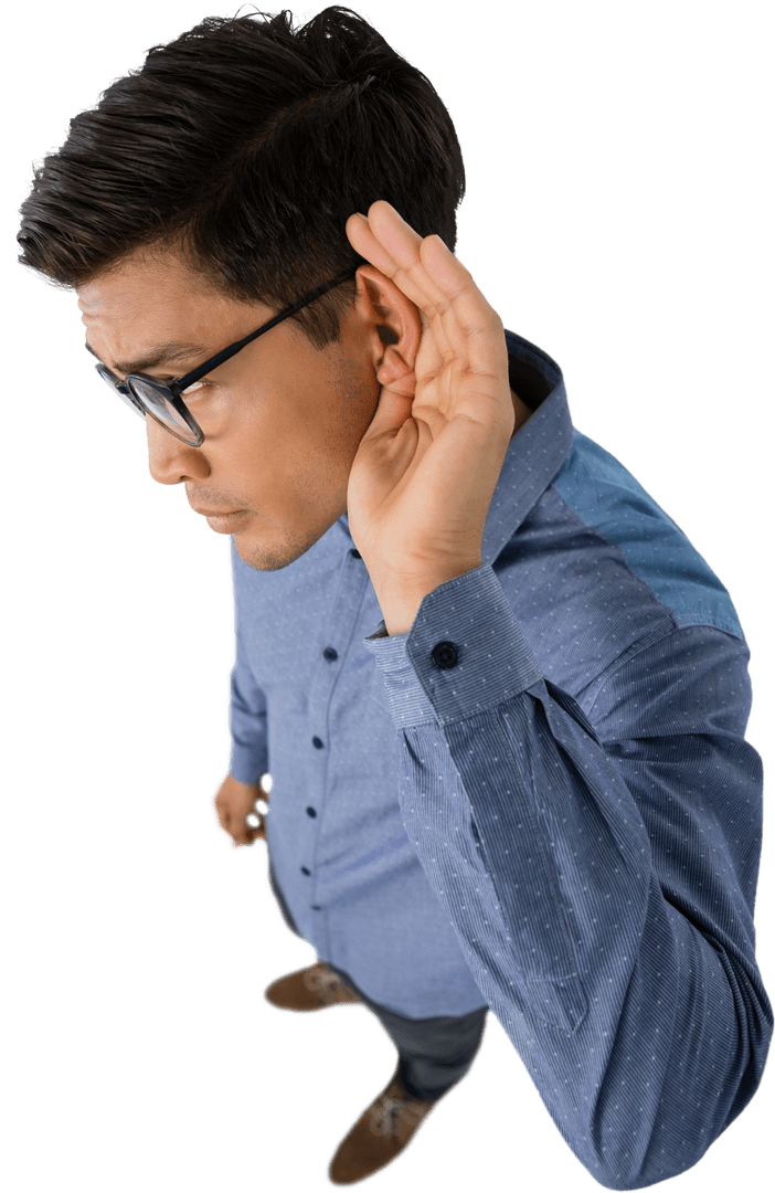 Transparent View of Businessman Listening Attentively in Blue Shirt