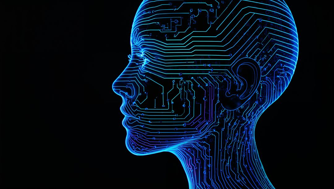 Neon Blue Circuit Head Silhouette Representing AI and Neural Network Technology