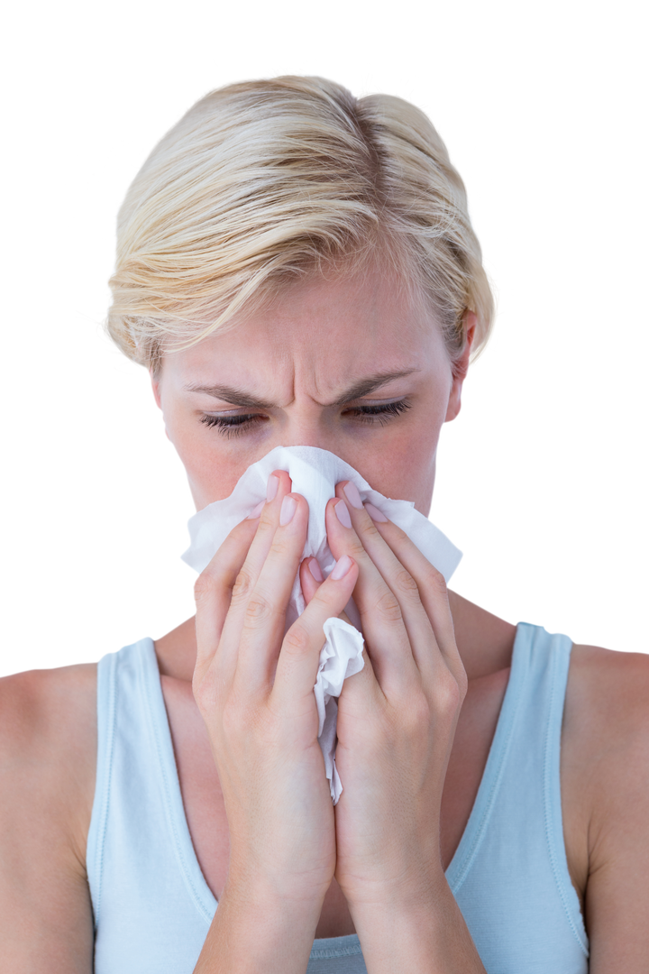 Attractive Woman Blowing Her Nose on Transparent Background Health Concept - Download Free Stock Images Pikwizard.com