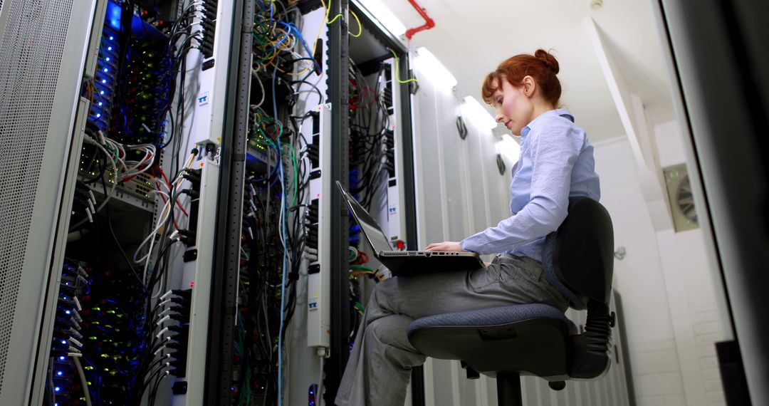 Female IT Professional Working in Server Room with Laptop - Free Images, Stock Photos and Pictures on Pikwizard.com