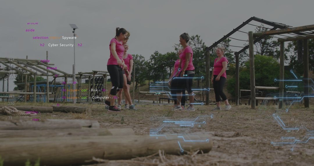 Women on Team-Building Obstacle Course with Digital Data Overlay