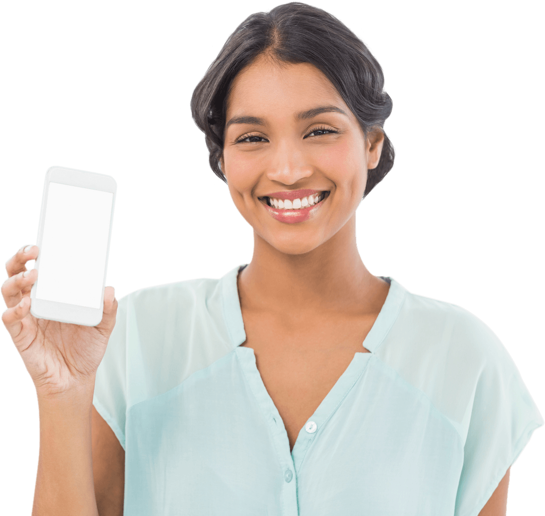 Smiling Woman Presenting Smartphone with Transparent Background
