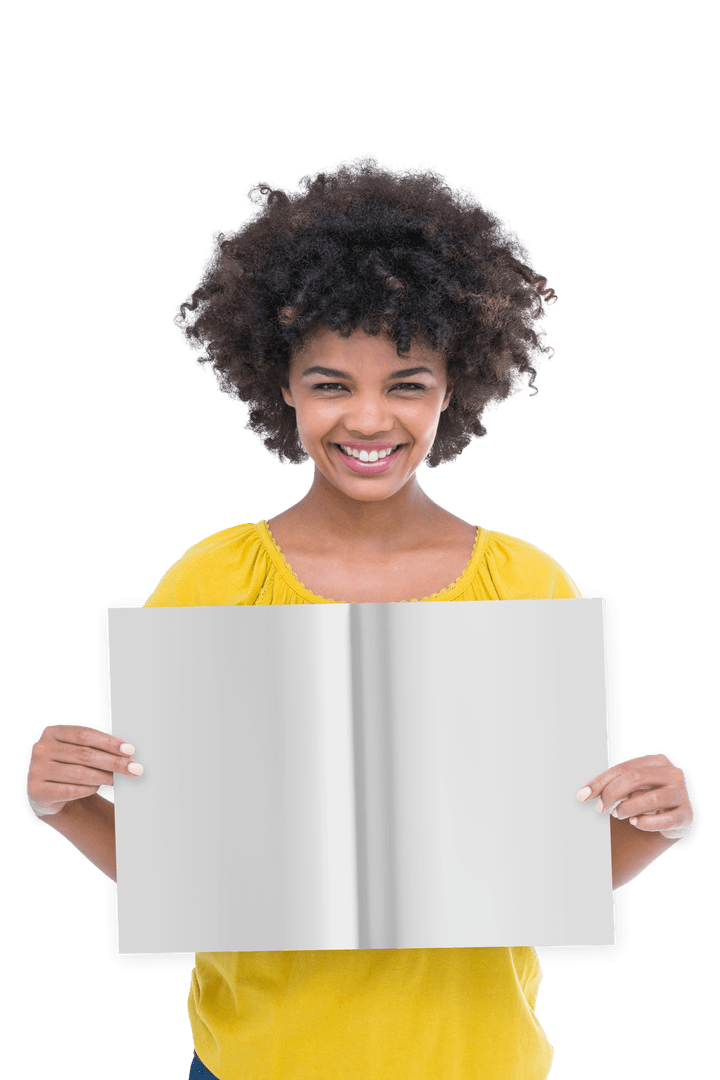 Joyful Woman Holding Open Blank Book Transparent Background