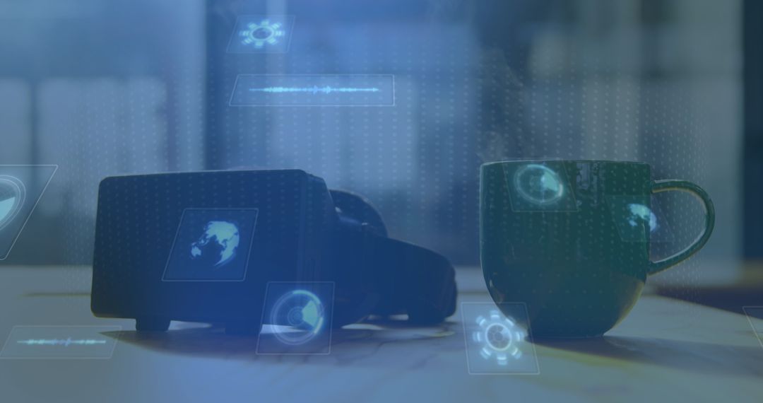 Digital Interface with VR Headset and Virtual Elements on Tea Mug