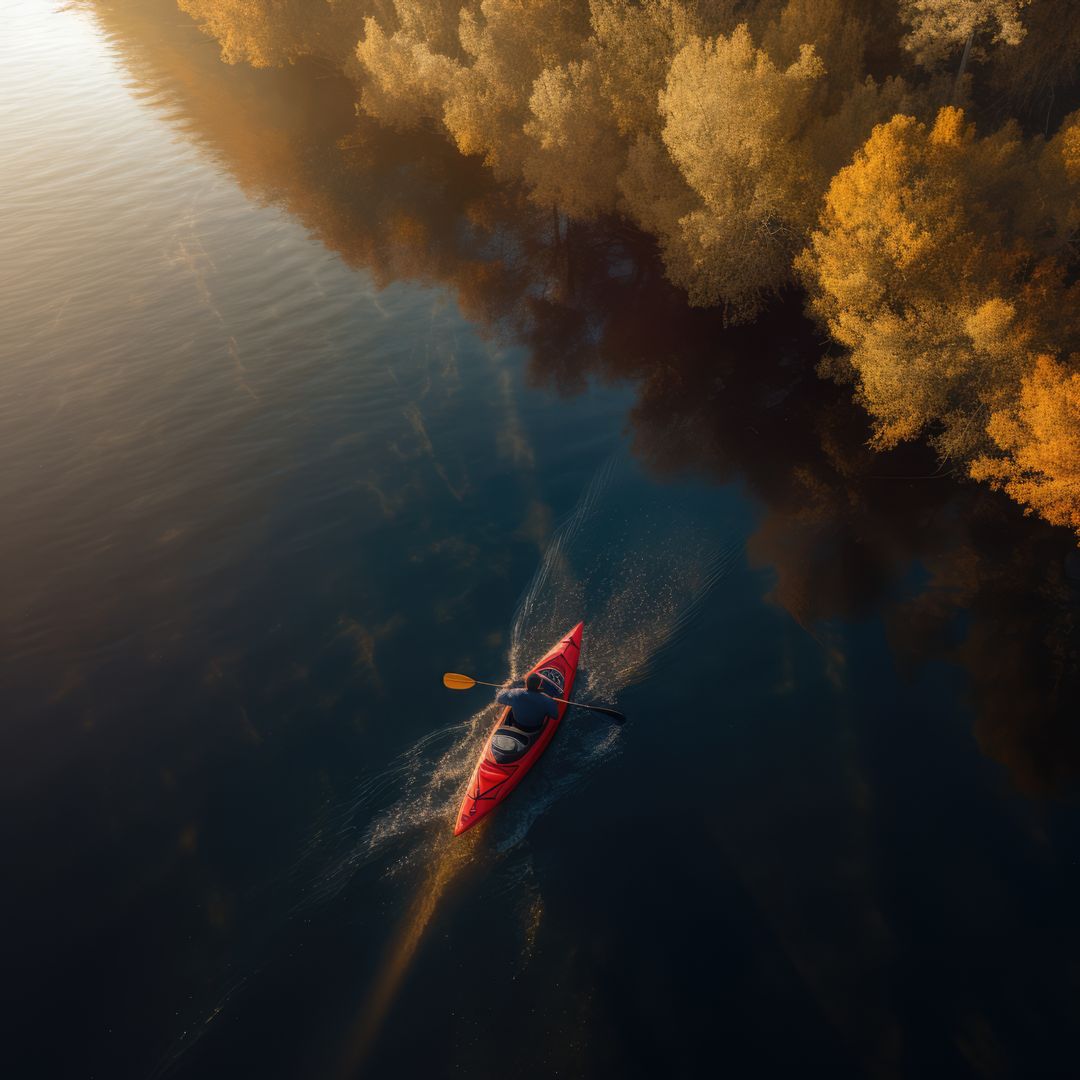 Aerial View of Kayaker on Calm Lake with Autumn Trees - Free Images, Stock Photos and Pictures on Pikwizard.com