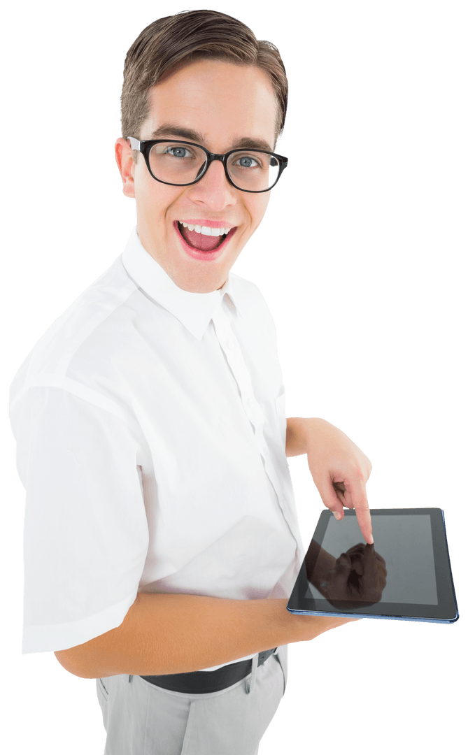 Smiling Professional Uses Tablet with Transparent Background