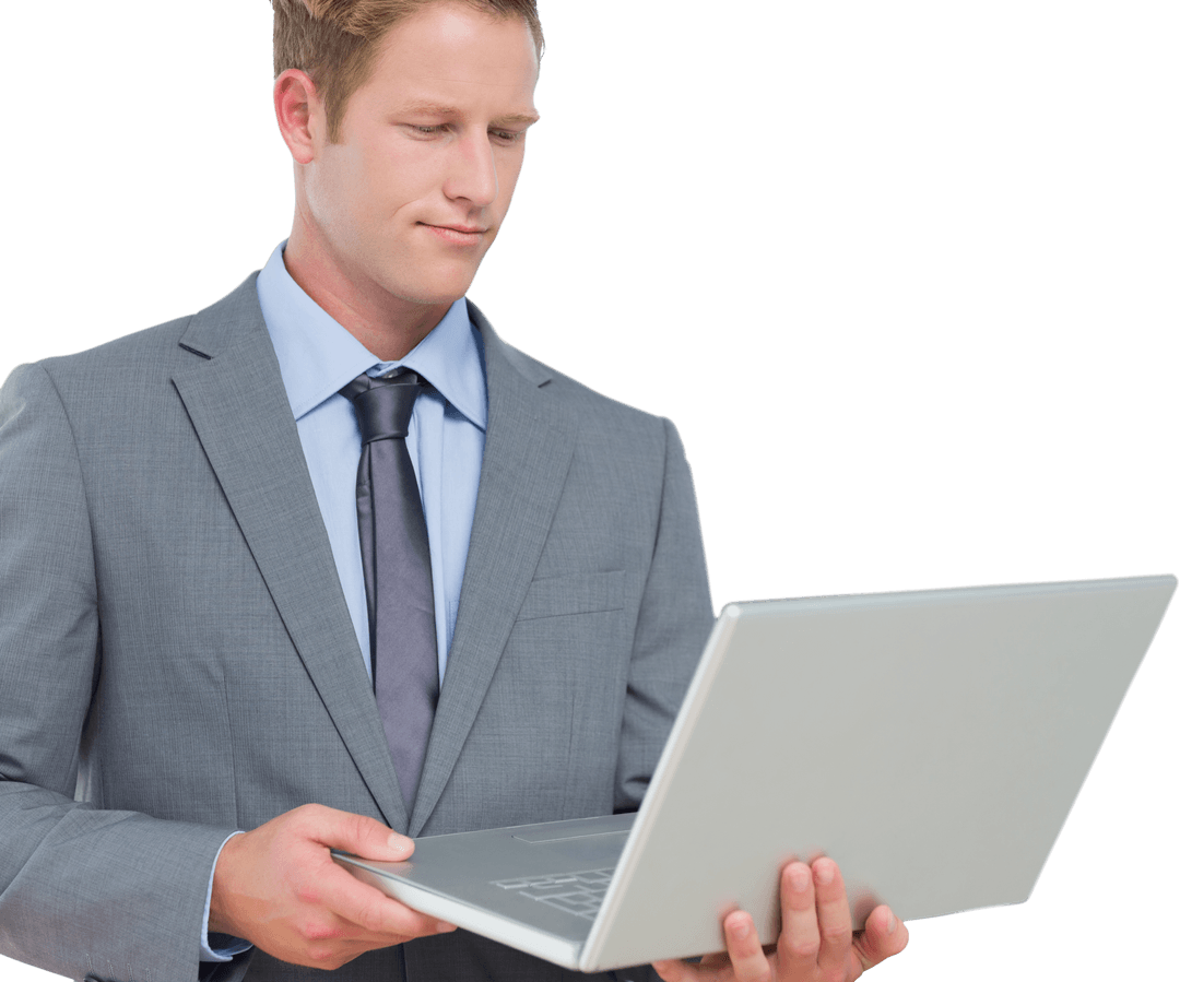Transparent Background Businessman Using Laptop in Formal Suit