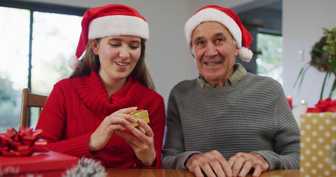 Grandfather and granddaughter celebrating Christmas with gifts - Free Images, Stock Photos and Pictures on Pikwizard.com