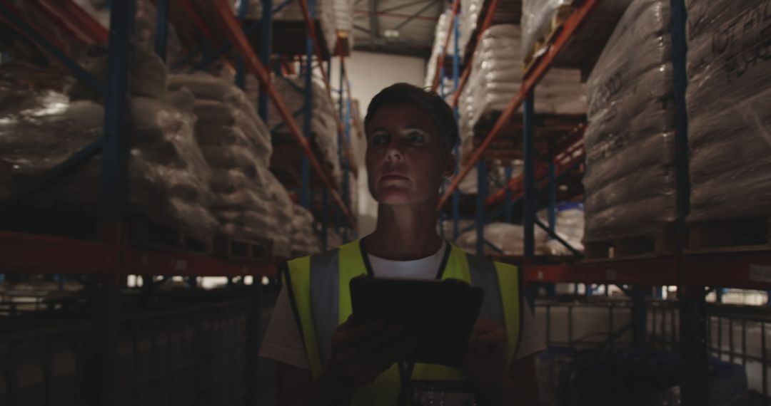 Focused Female Warehouse Worker on Security Patrol at Night - Free Images, Stock Photos and Pictures on Pikwizard.com