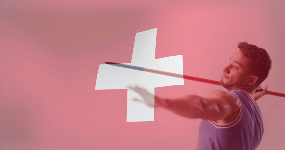 Swiss Athlete Javelin Throwing With Flag Overlay