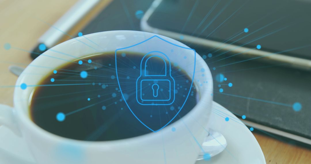 Digital Security Concept with Coffee Cup and Padlock Overlay