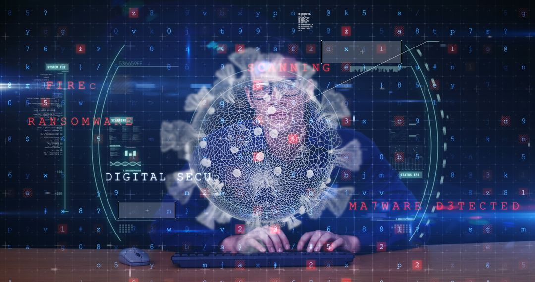 Cybersecurity Expert Analyzing Digital Threats with Virus Graphics Overlay