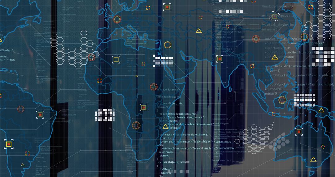 Digital World Map Overlay on Server Room Technology Background