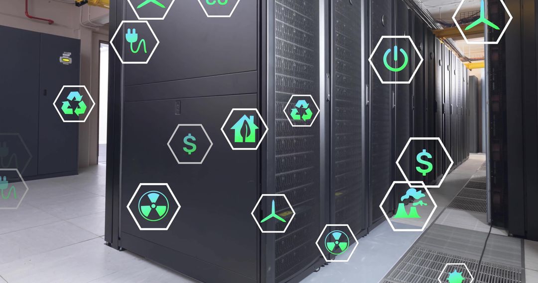 Sustainable Energy Symbols Overlay in Modern Server Room