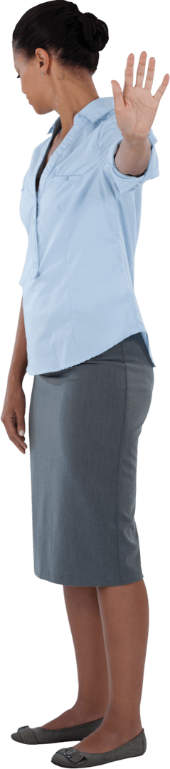 Transparent Businesswoman Showing Stop Gesture in Gray Skirt