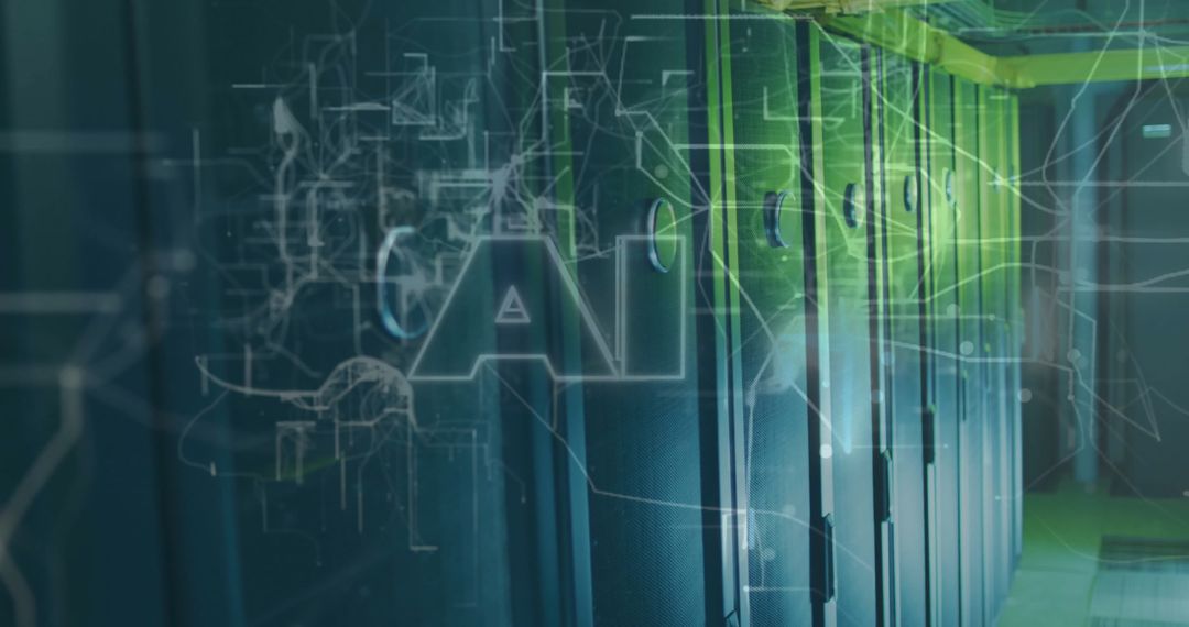 Futuristic Server Room Corridor with AI Technology Overlay