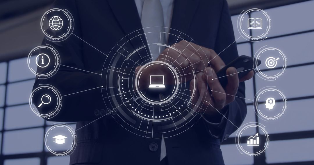 Businessman Using Smartphone with Digital Interface Projection
