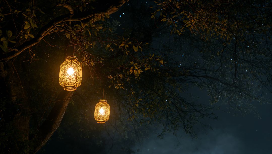 Ornate Lanterns Hanging from Tree Branch at Night Casting Warm Amber Glow and Stars