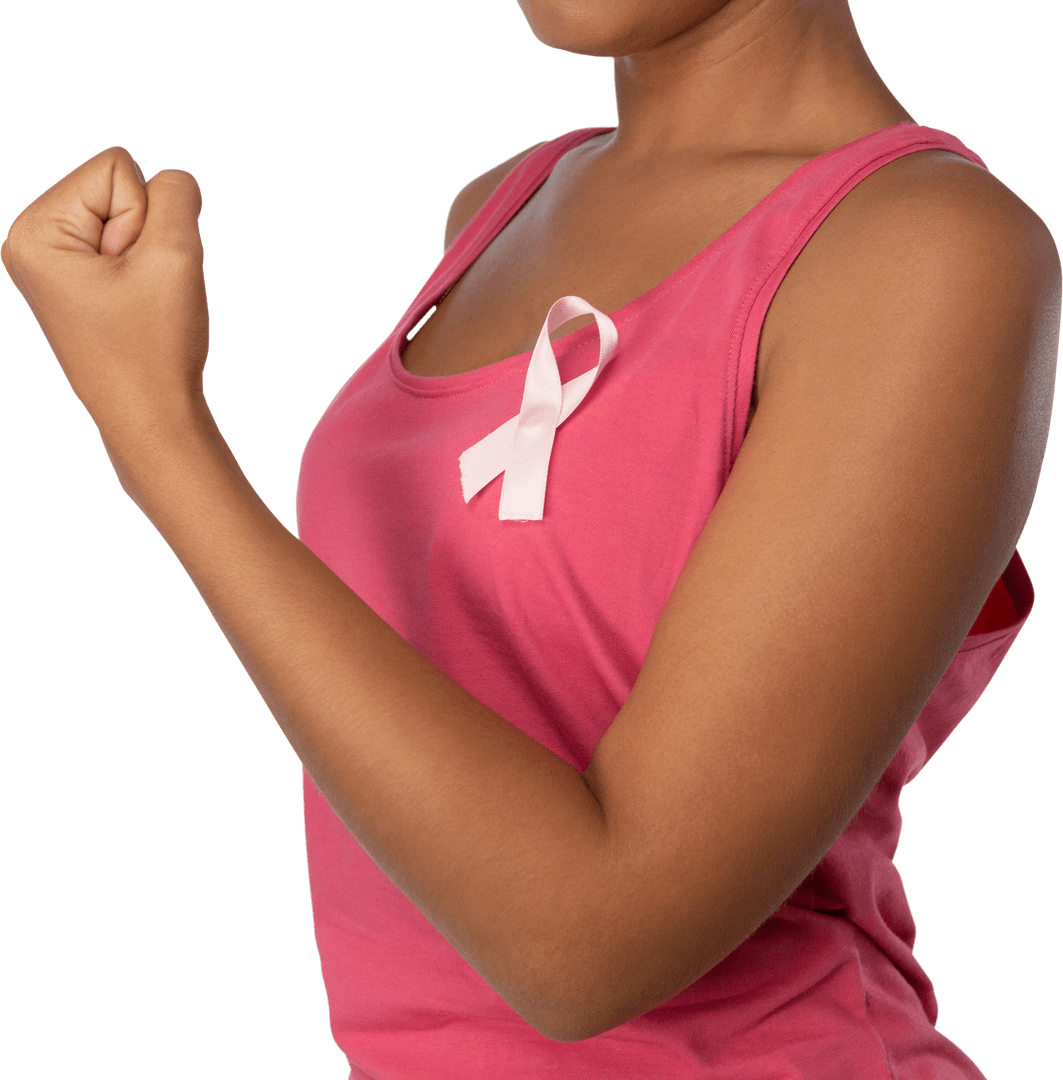 Woman in Pink Top with Cancer Awareness Ribbon on Transparent Background