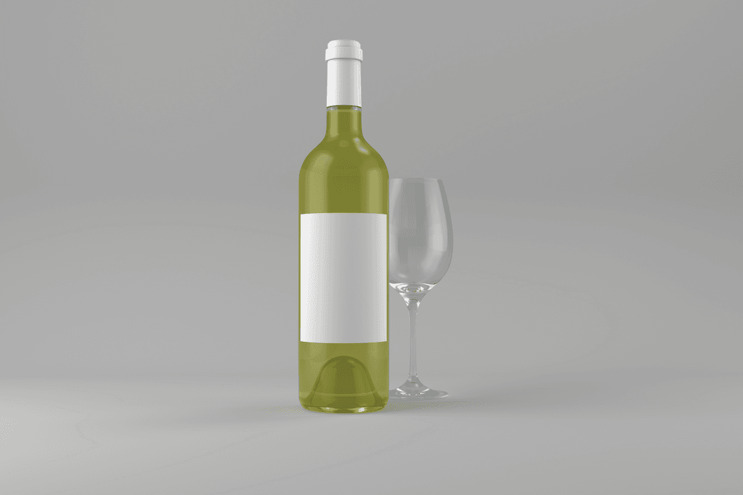 Transparent Green Wine Bottle with Empty Glass on Plain Background